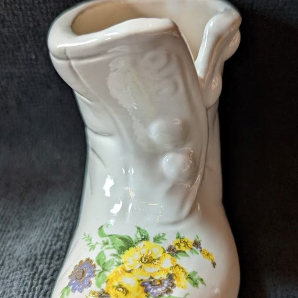 FURTHER REDUCED - Vintage Baby-Themed Yesteryear Boot Vase/Planter c mid-1970s